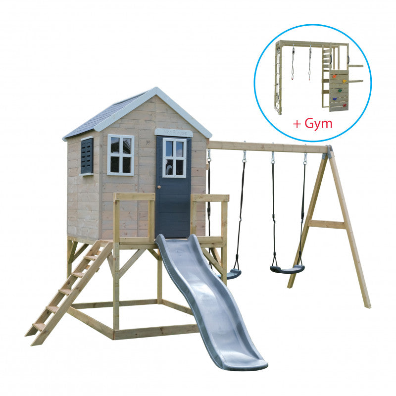 M28G_G - Casuta de gradina Grey Lodge cu tobogan, leagan dublu, modul sport (M28G_G), Wendi Toys